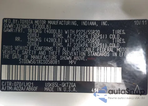 2012 Toyota Sequoia Platinum 5.7L V8 из США, поврежденный, VIN 5TDDW5G1XCS058081